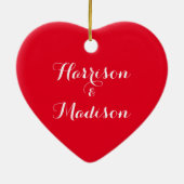 可愛い赤いハートスクリプト書道のカップル名 セラミックオーナメント (裏面)