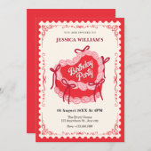 可愛い赤いバースデーバードケーキ 招待状 (正面/裏面)