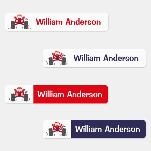 可愛い赤いモンスタートラックパーソナライズされた名 ラベル (グループ)