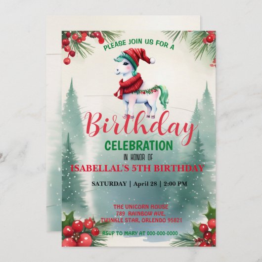 可愛い赤いユニコーンサンタのクリスマス誕生日パーティー セーブザデート (正面/裏面)