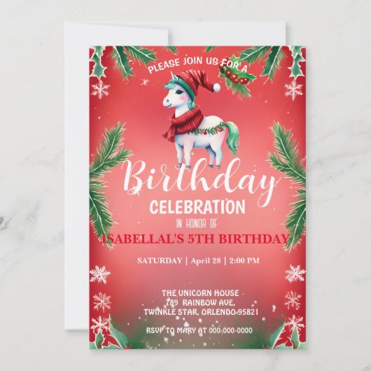 可愛い赤いユニコーンサンタのクリスマス誕生日パーティー セーブザデート (正面)