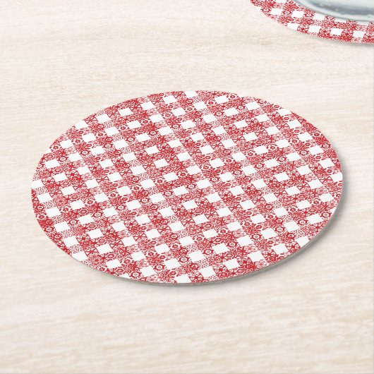 可愛い赤いレースの格子模様のヴィンテージ農家の格子 ラウンドペーパーコースター (アングル)