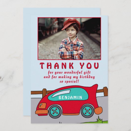 可愛い赤いレースカー誕生日ありがとうフォトカード サンキューカード (正面/裏面)