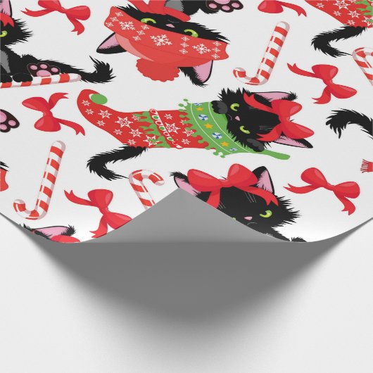 可愛い赤い怒猫キャンディーケーンクリスマス ラッピングペーパー (角)