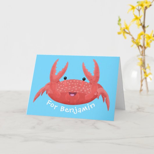 可愛い赤い斑点のカニ漫画イラストレーション カード (黄色い花)