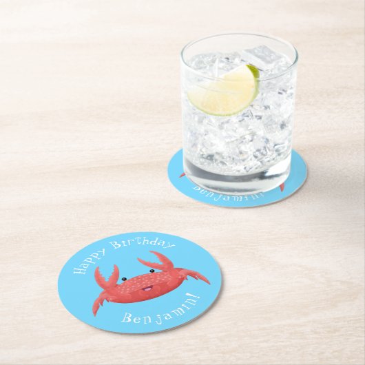 可愛い赤い斑点のカニ漫画イラストレーション ラウンドペーパーコースター (インサイチュ)