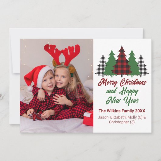可愛い赤い格子模様クリスマスツリーファミリーフォト シーズンカード (正面)