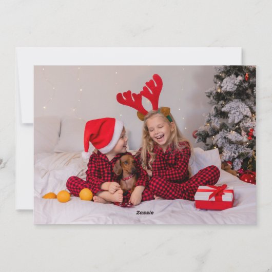 可愛い赤い格子模様クリスマスツリーファミリーフォト シーズンカード (裏面)
