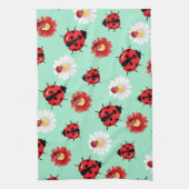 可愛い赤い水玉模様ラディバグの花ガーリー夏 キッチンタオル (縦)