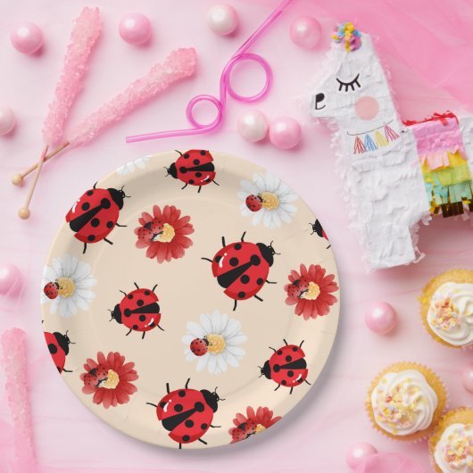 可愛い赤い水玉模様ラディバグの花ガーリー夏 ペーパープレート (パーティー)