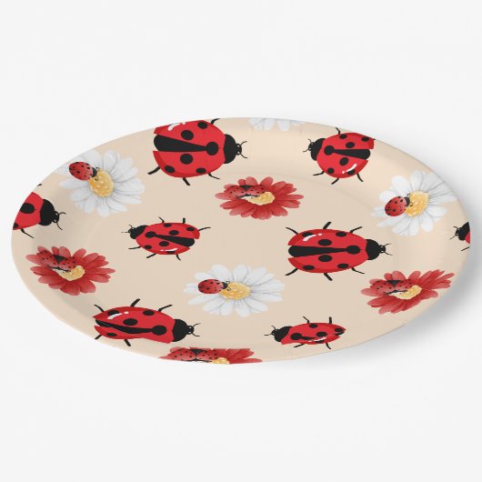 可愛い赤い水玉模様ラディバグの花ガーリー夏 ペーパープレート (アングル)