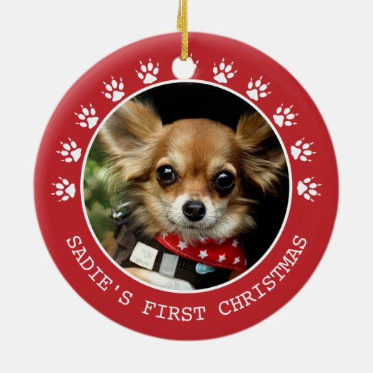 可愛い赤い犬の手プリント写真フレームのクリスマス セラミックオーナメント (裏面)