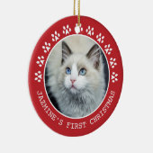 可愛い赤い猫の手プリント写真フレームのクリスマス セラミックオーナメント (右)
