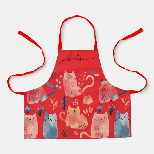 可愛い赤い猫の柄のスクリプト名エプロン エプロン (正面)