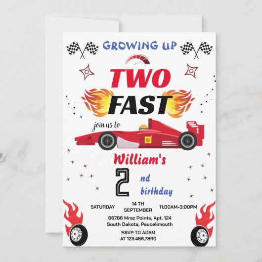 可愛い赤い男の子の車レース車2速2番目の誕生日 招待状 (正面)