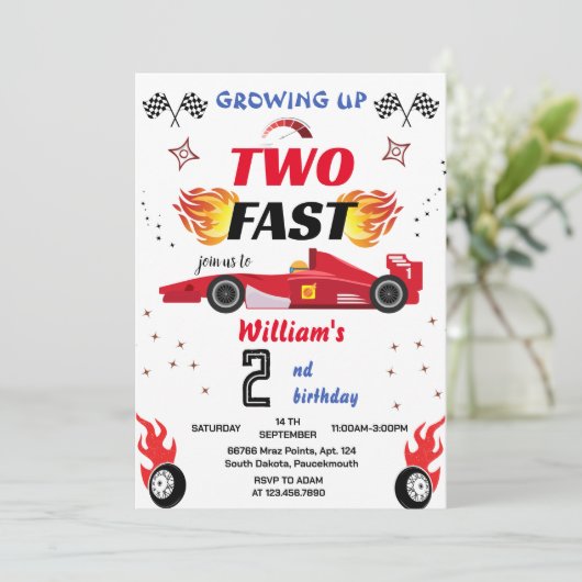 可愛い赤い男の子の車レース車2速2番目の誕生日 招待状 (スタンド正面)