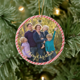 可愛い赤い白いキャンディの杖のストライプ写真クリスマス セラミックオーナメント