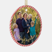 可愛い赤い白いキャンディの杖のストライプ写真クリスマス セラミックオーナメント (右)