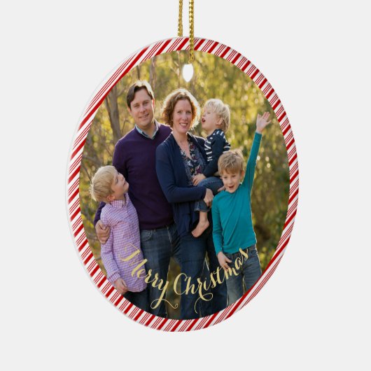 可愛い赤い白いキャンディの杖のストライプ写真クリスマス セラミックオーナメント (右)