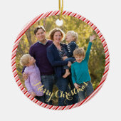 可愛い赤い白いキャンディの杖のストライプ写真クリスマス セラミックオーナメント (正面)