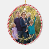 可愛い赤い白いキャンディの杖のストライプ写真クリスマス セラミックオーナメント (左)