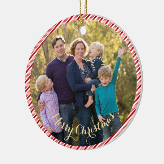 可愛い赤い白いキャンディの杖のストライプ写真クリスマス セラミックオーナメント (左)