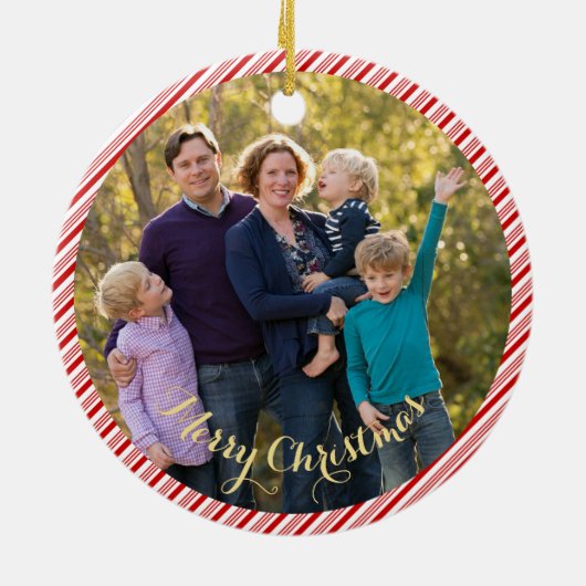 可愛い赤い白いキャンディの杖のストライプ写真クリスマス セラミックオーナメント (裏面)