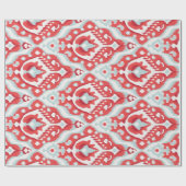 可愛い赤い白ターコイズイカットの部族柄 ラッピングペーパー (フラット)