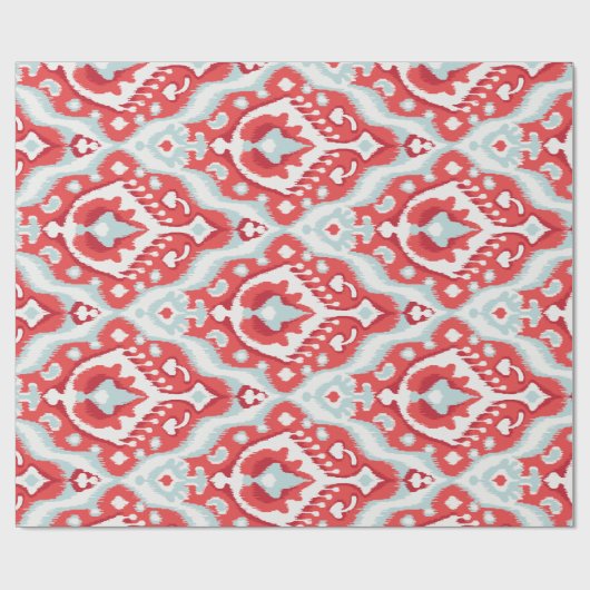 可愛い赤い白ターコイズイカットの部族柄 ラッピングペーパー (フラット)