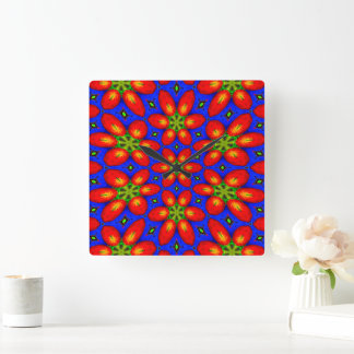 可愛い赤い花柄 スクエア壁時計