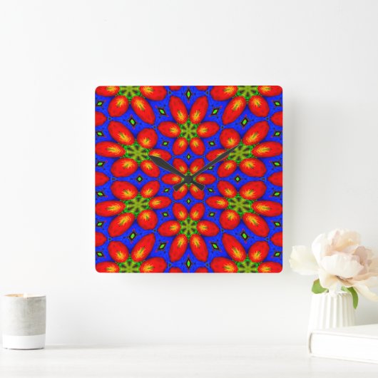 可愛い赤い花柄 スクエア壁時計 (ホーム)