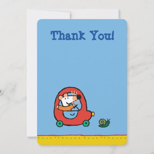 可愛い赤い車を運転するメイジー サンキューカード (正面)