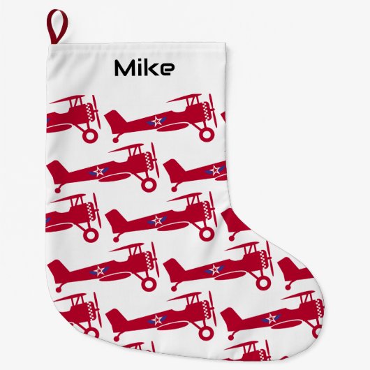 可愛い赤い飛行機のための男の子，リトルアビエーターカスタム ラージクリスマスストッキング (正面)