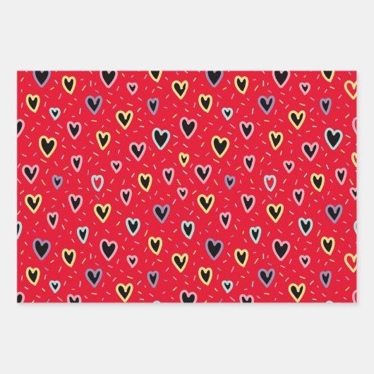 可愛い赤い黄色のラブシェイプのギフトラッピング紙 ラッピングペーパーシート (正面)