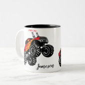 可愛い赤い黒のモンスタートラックパーソナライズされた名 ツートーンマグカップ (正面左)