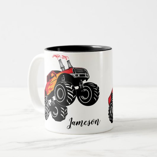 可愛い赤い黒のモンスタートラックパーソナライズされた名 ツートーンマグカップ (正面左)