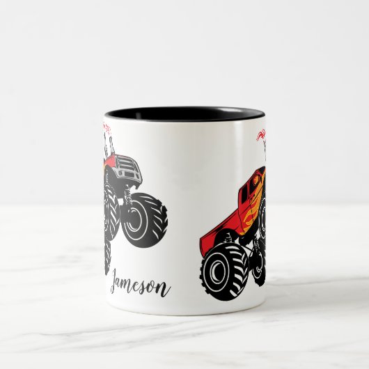 可愛い赤い黒のモンスタートラックパーソナライズされた名 ツートーンマグカップ (中央)