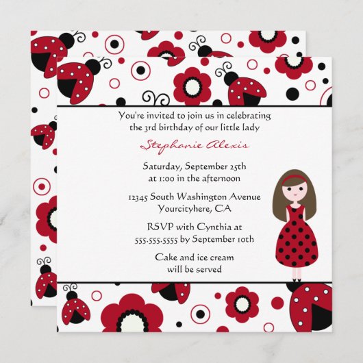 可愛い赤い黒のレディーバグの誕生日パーティーの招待 招待状 (正面/裏面)