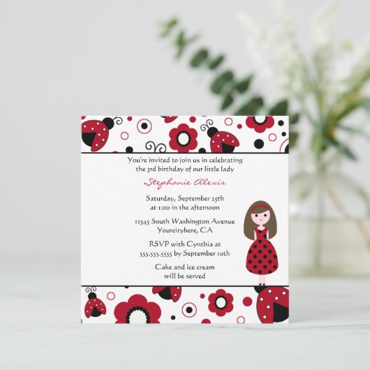 可愛い赤い黒のレディーバグの誕生日パーティーの招待 招待状 (スタンド正面)