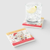 可愛い赤おもしろい緑モノグラムクリスマスサンタキャット ストーンコースター (横)