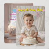 可愛い赤ちゃんのお誕生日カード - 即ダウンロード 招待状 (正面/裏面)
