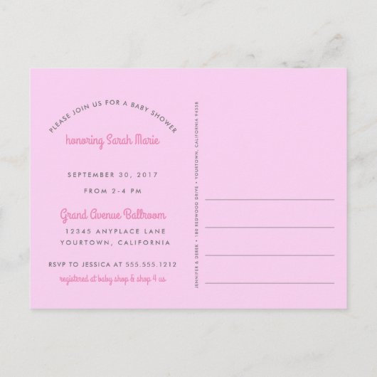 可愛い赤ちゃんシャワーピンクストライプのガールとコウノトリ インビテーションポストカード (裏面)