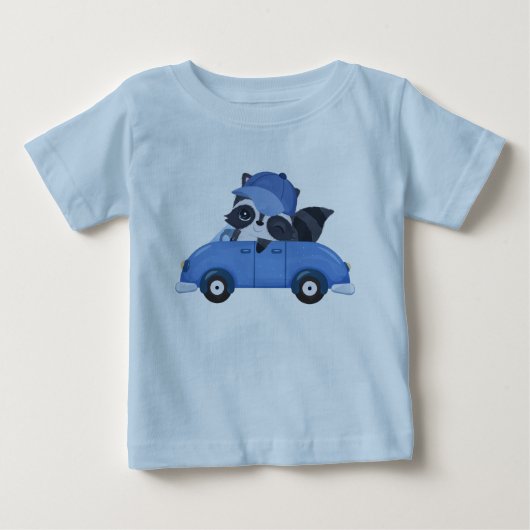 可愛い赤ちゃん青い車アライグマのキャラクター ベビーTシャツ (正面)