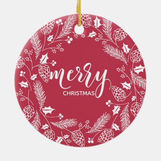可愛い赤と白の松とホリーリースクリスマス セラミックオーナメント (裏面)