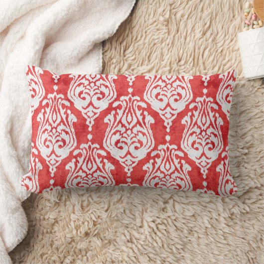 可愛い赤と白ダマスクイカットの部族模様 ランバークッション (ブランケット)