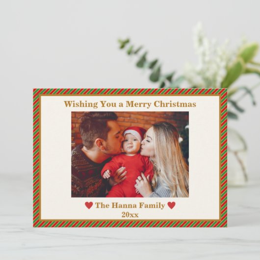 可愛い赤と緑と金ゴールド写真メリークリスマス シーズンカード (スタンド正面)