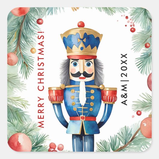 可愛い赤と緑のクリスマスくるみ割り水色 スクエアシール (正面)