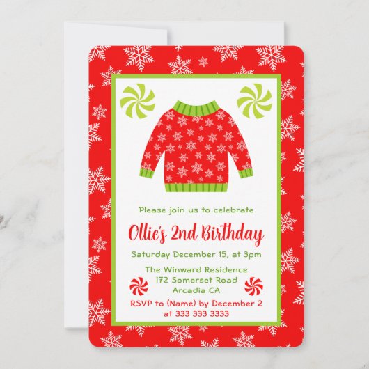 可愛い赤と緑のクリスマスジャンパー誕生日 招待状 (正面)