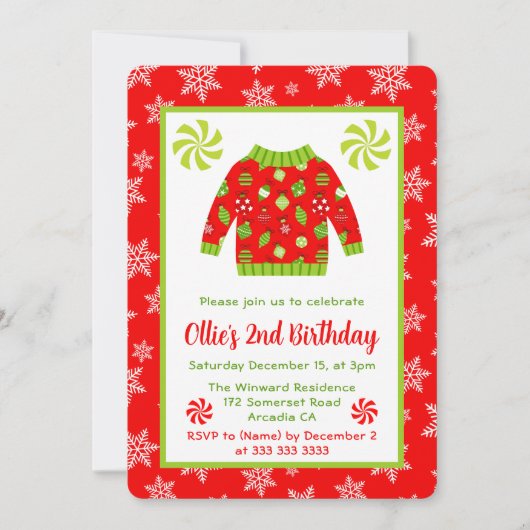 可愛い赤と緑のクリスマスジャンパー誕生日 招待状 (正面)