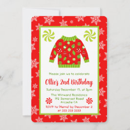可愛い赤と緑のクリスマスジャンパー誕生日 招待状